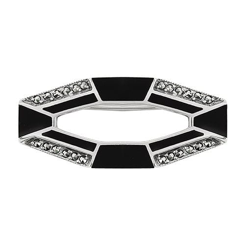 gemondo Art Deco Style Cabochon Black Onyx & Marcasite Brooch in 925 Sterling Silver
