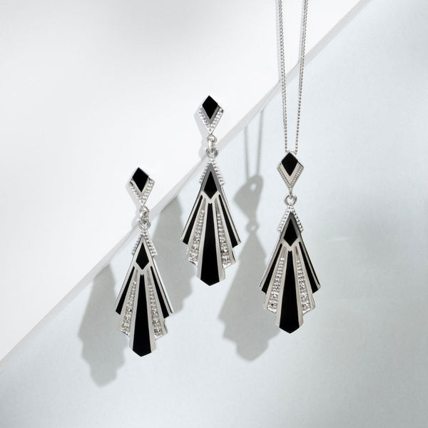 Gemondo Art Deco Style Cabochon Black Onyx & Marcasite Drop Earrings