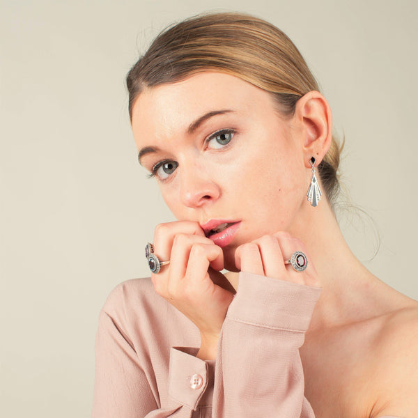 Gemondo Art Deco Style Cabochon Black Onyx & Marcasite Drop Earrings