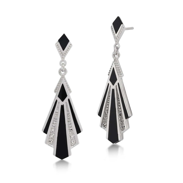 gemondo Art Deco Style Cabochon Black Onyx & Marcasite Drop Earrings