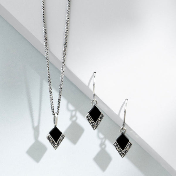 Gemondo Art Deco Style Cabochon Black Onyx & Marcasite Pendant In 925 Sterling Silver