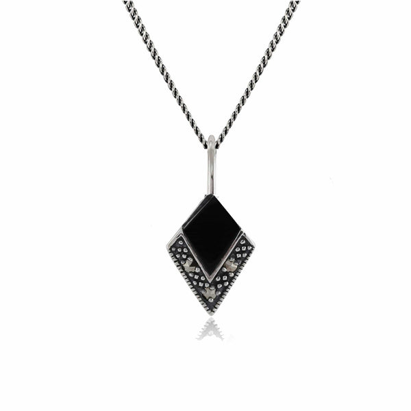 gemondo Art Deco Style Cabochon Black Onyx & Marcasite Pendant in 925 Sterling Silver