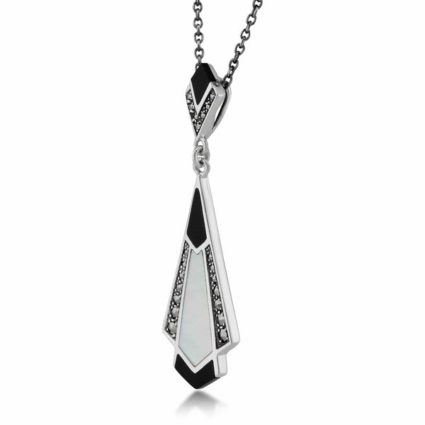 Gemondo Art Deco Style Cabochon Black Onyx Mother Of Pearl & Marcasite Pendant In 925 Sterling Silver