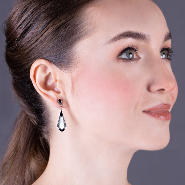 Gemondo Art Deco Style Cabochon Black Onyx Mother Of Pearl & Marcasite Drop Earrings In 925 Sterling Silver