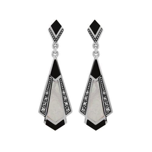 gemondo Art Deco Style Cabochon Black Onyx Mother of Pearl & Marcasite Drop Earrings in 925 Sterling Silver