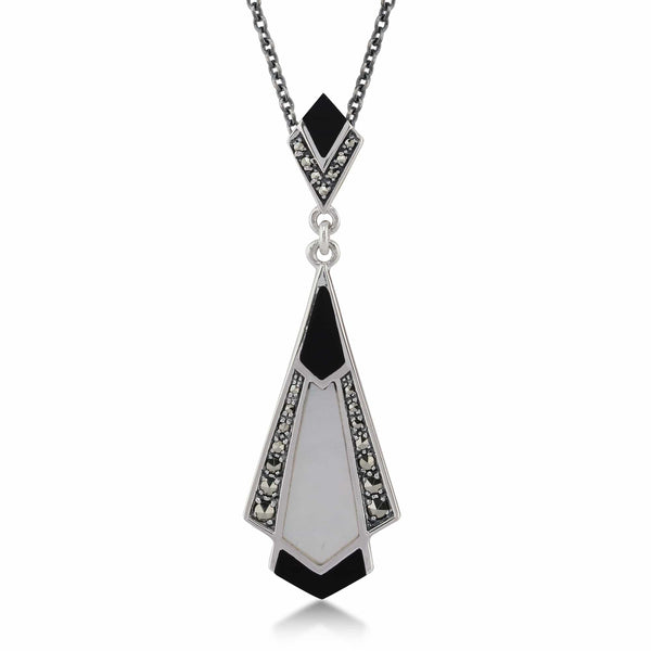 gemondo Art Deco Style Cabochon Black Onyx Mother of Pearl & Marcasite Pendant in 925 Sterling Silver