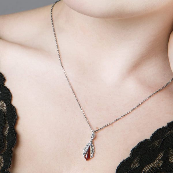 Gemondo Art Deco Style Carnelian & Marcasite Pendant In 925 Sterling Silver