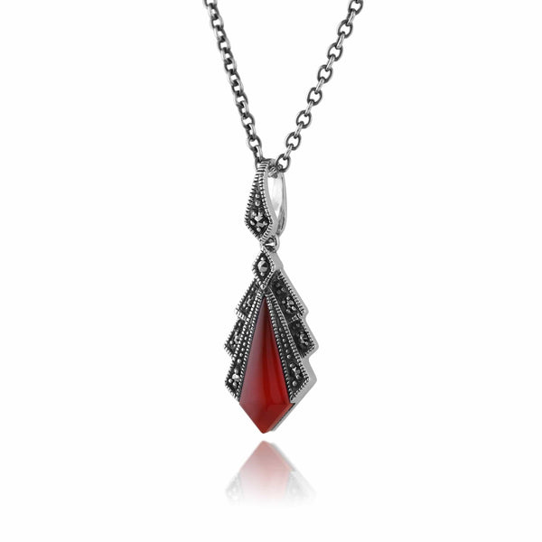 Gemondo Art Deco Style Carnelian & Marcasite Pendant In 925 Sterling Silver