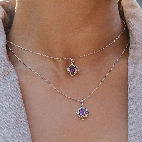 Gemondo Art Deco Style Cushion Amethyst & Marcasite Pendant Necklace In Sterling Silver