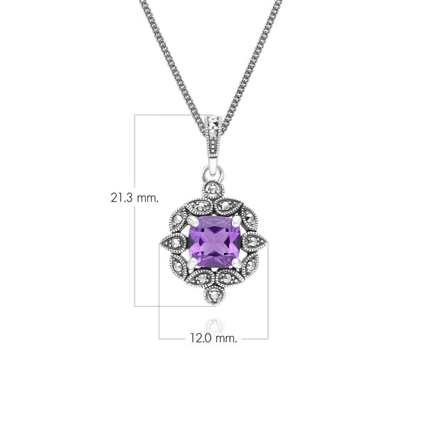 Gemondo Art Deco Style Cushion Amethyst & Marcasite Pendant Necklace In Sterling Silver