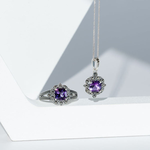Gemondo Art Deco Style Cushion Amethyst & Marcasite Pendant Necklace In Sterling Silver