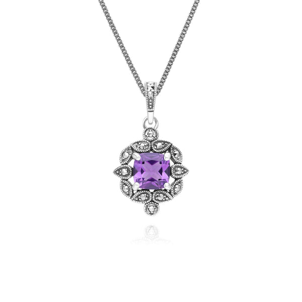 gemondo Art Deco Style Cushion Amethyst & Marcasite Pendant Necklace in Sterling Silver