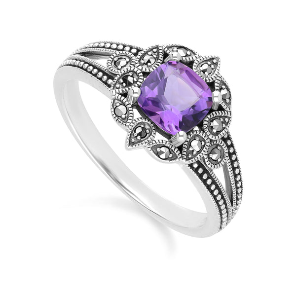 Gemondo Art Deco Style Cushion Amethyst & Marcasite Ring In Sterling Silver