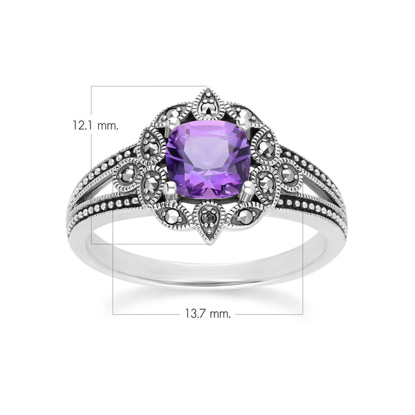 Gemondo Art Deco Style Cushion Amethyst & Marcasite Ring In Sterling Silver