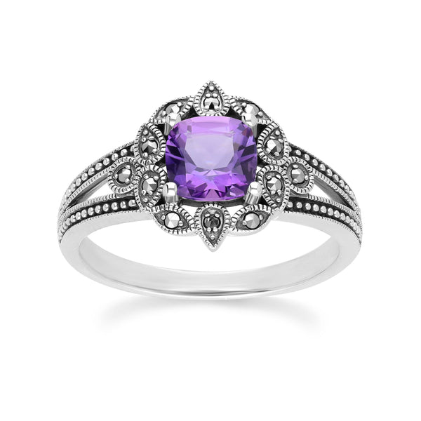 gemondo Art Deco Style Cushion Amethyst & Marcasite Ring in Sterling Silver