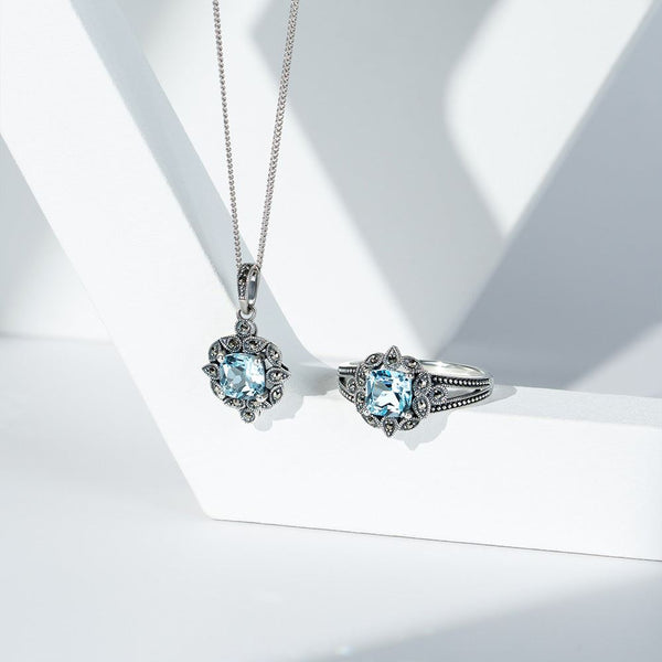 Gemondo Art Deco Style Cushion Blue Topaz & Marcasite Pendant Necklace In Sterling Silver
