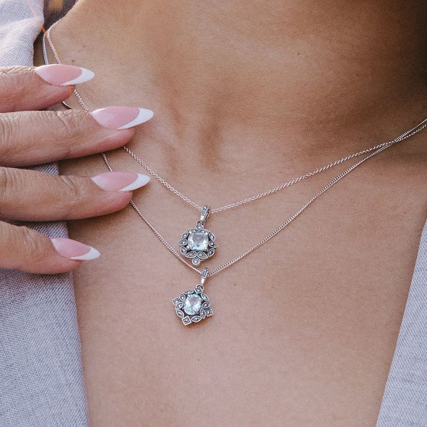 Gemondo Art Deco Style Cushion Blue Topaz & Marcasite Pendant Necklace In Sterling Silver