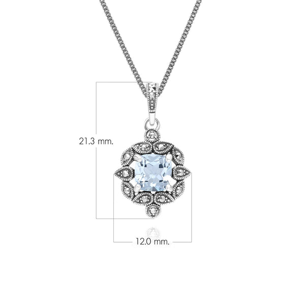 Gemondo Art Deco Style Cushion Blue Topaz & Marcasite Pendant Necklace In Sterling Silver