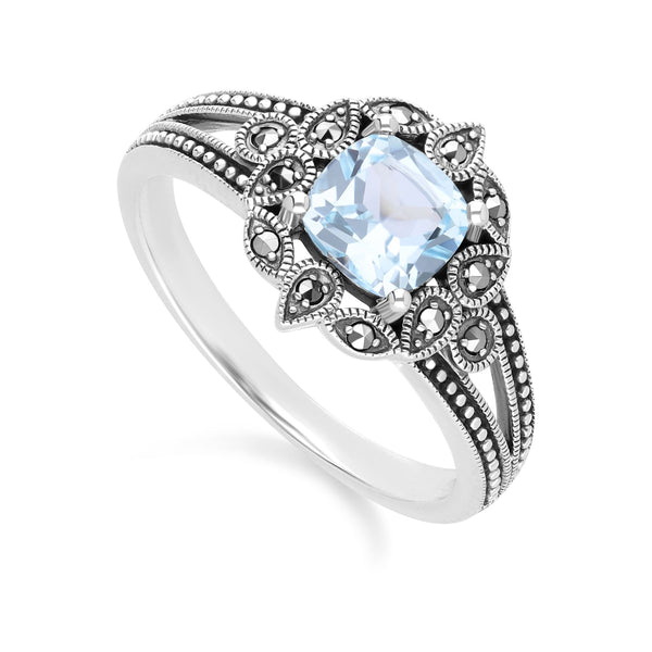 Gemondo Art Deco Style Cushion Blue Topaz & Marcasite Ring In Sterling Silver