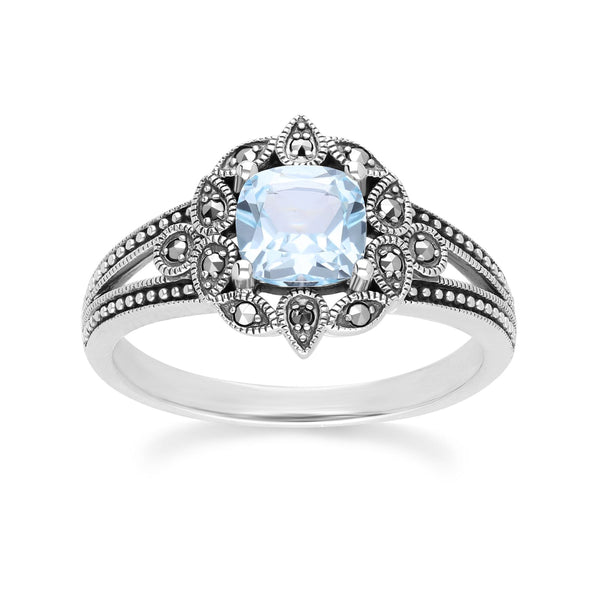 gemondo Art Deco Style Cushion Blue Topaz & Marcasite Ring in Sterling Silver