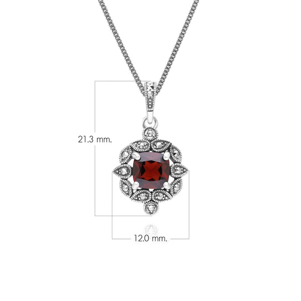 Gemondo Art Deco Style Cushion Garnet & Marcasite Pendant Necklace In Sterling Silver