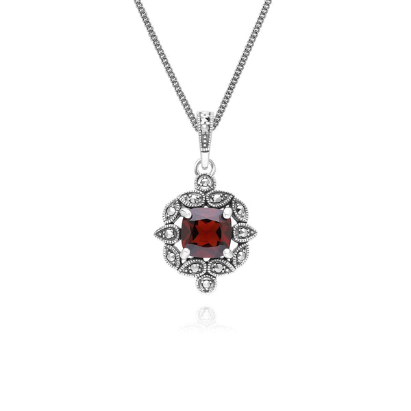 gemondo Art Deco Style Cushion Garnet & Marcasite Pendant Necklace in Sterling Silver