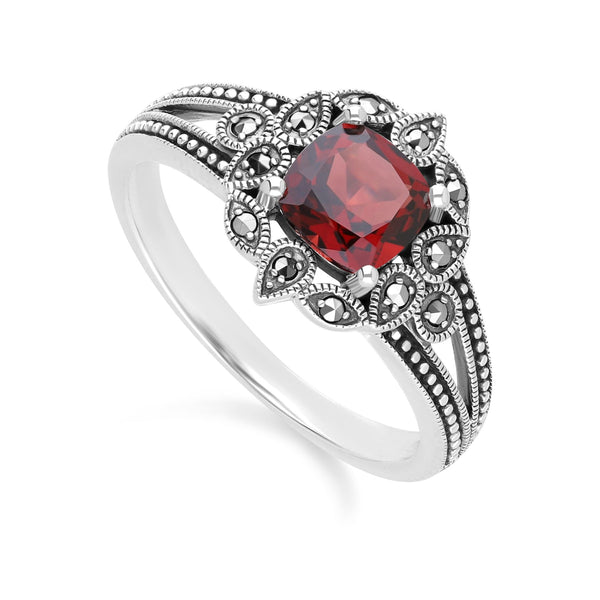 Gemondo Art Deco Style Cushion Garnet & Marcasite Ring In Sterling Silver