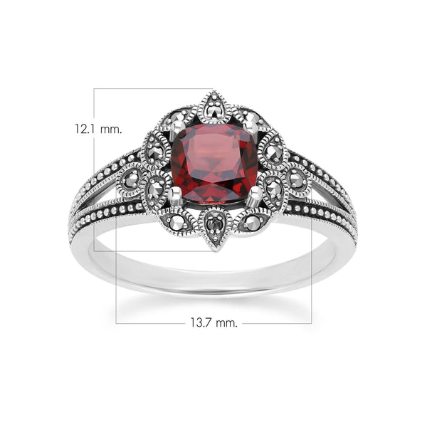 Gemondo Art Deco Style Cushion Garnet & Marcasite Ring In Sterling Silver