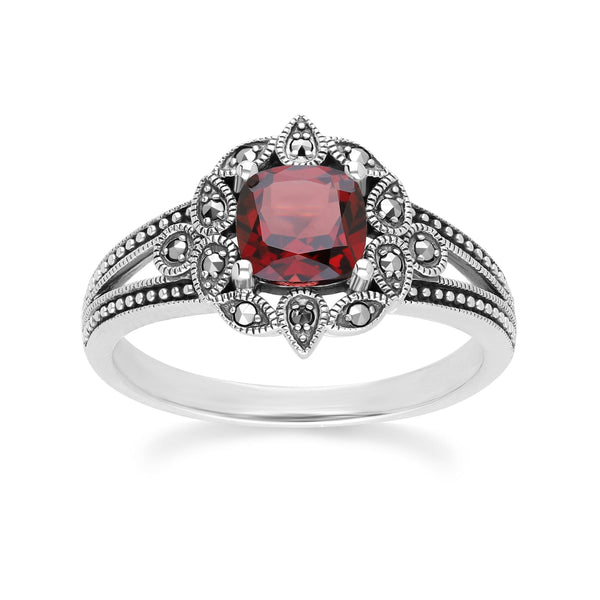 gemondo Art Deco Style Cushion Garnet & Marcasite Ring in Sterling Silver