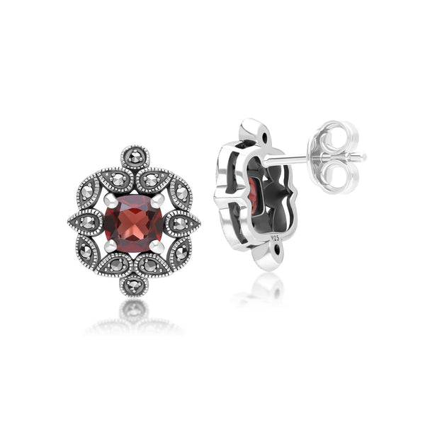 Gemondo Art Deco Style Cushion Garnet & Marcasite Stud Earrings In Sterling Silver