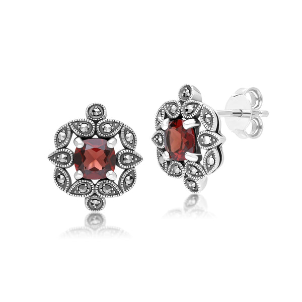gemondo Art Deco Style Cushion Garnet & Marcasite Stud Earrings in Sterling Silver