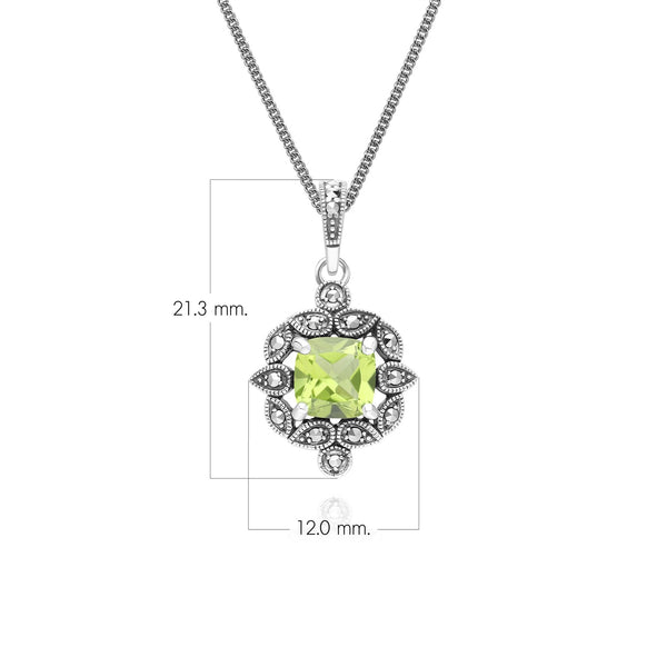Gemondo Art Deco Style Cushion Peridot & Marcasite Pendant Necklace In Sterling Silver
