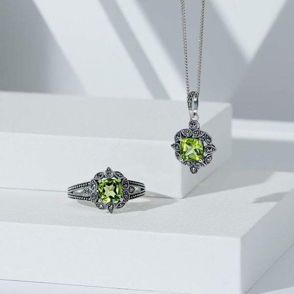 Gemondo Art Deco Style Cushion Peridot & Marcasite Pendant Necklace In Sterling Silver