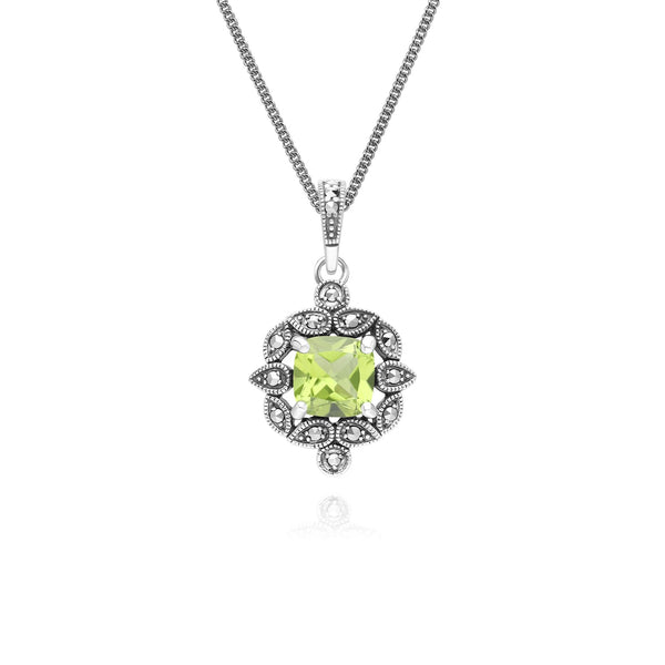gemondo Art Deco Style Cushion Peridot & Marcasite Pendant Necklace in Sterling Silver