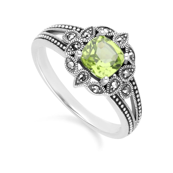 Gemondo Art Deco Style Cushion Peridot & Marcasite Ring In Sterling Silver