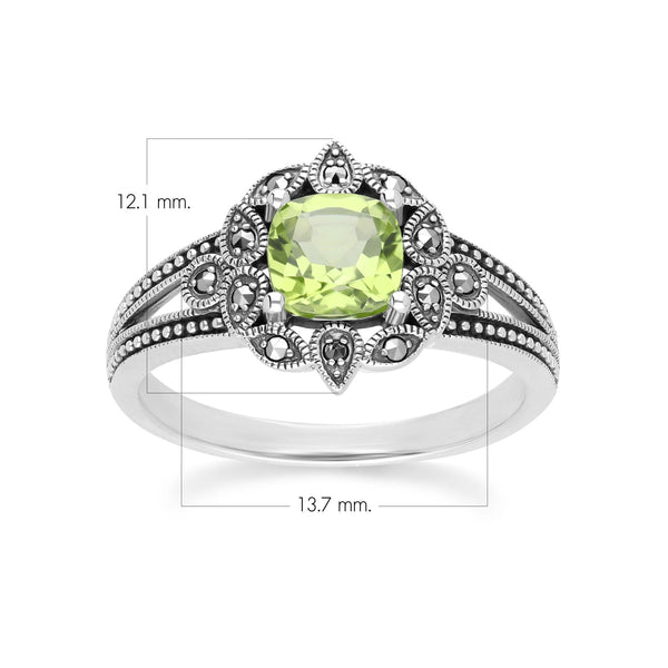 Gemondo Art Deco Style Cushion Peridot & Marcasite Ring In Sterling Silver