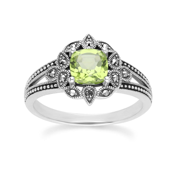 gemondo Art Deco Style Cushion Peridot & Marcasite Ring in Sterling Silver