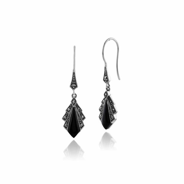 gemondo Art Deco Style Diamond Black Onyx & Marcasite Drop Earrings in 925 Sterling Silver