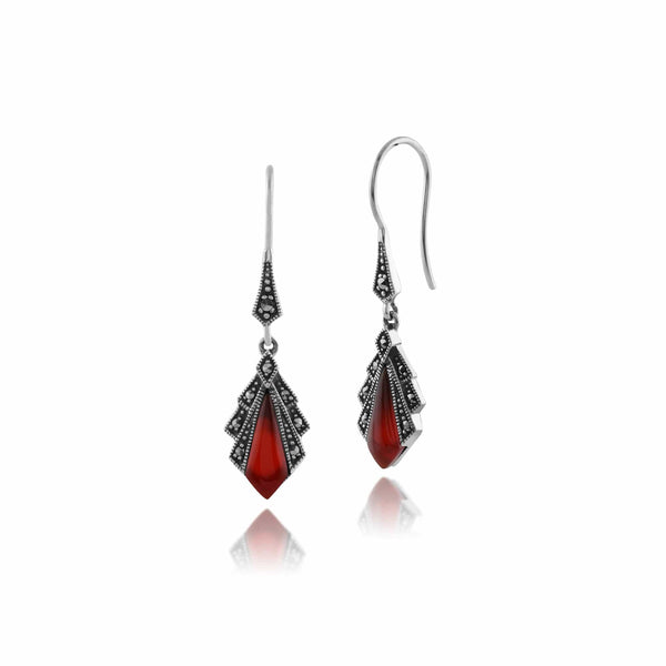 gemondo Art Deco Style Diamond Carnelian & Marcasite Drop Earrings In Sterling Silver