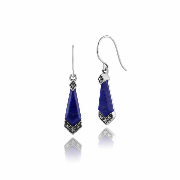 gemondo Art Deco Style Diamond Lapis Lazuli Cabochon & Marcasite Drop Earrings in 925 Sterling Silver