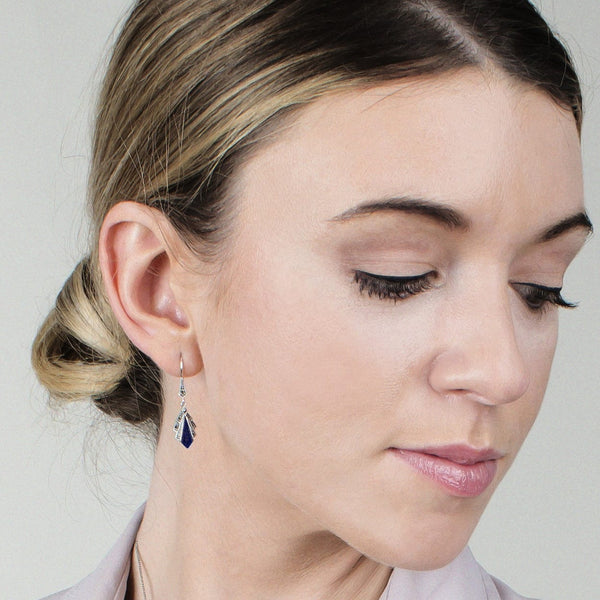 Gemondo Art Deco Style Diamond Lapis Lazuli & Marcasite Drop Earrings In 925 Sterling Silver