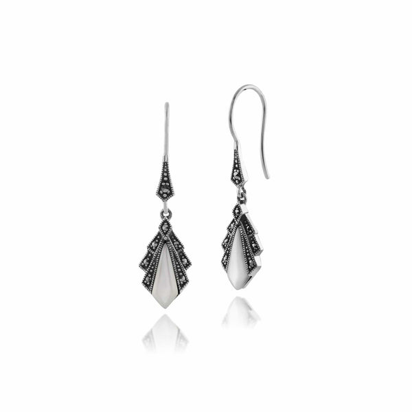 gemondo Art Deco Style Diamond Mother of Pearl & Marcasite Drop Earrings in 925 Sterling Silver