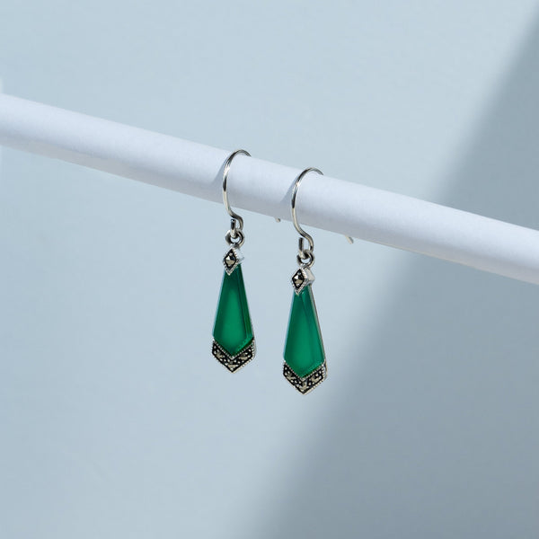 Gemondo Art Deco Style Green Chalcedony & Marcasite Kite Drop Earrings In 925 Sterling Silver