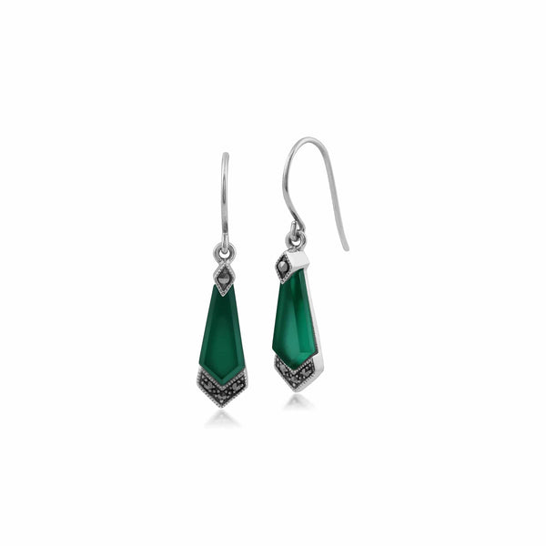gemondo Art Deco Style Green Chalcedony & Marcasite Kite Drop Earrings in 925 Sterling Silver