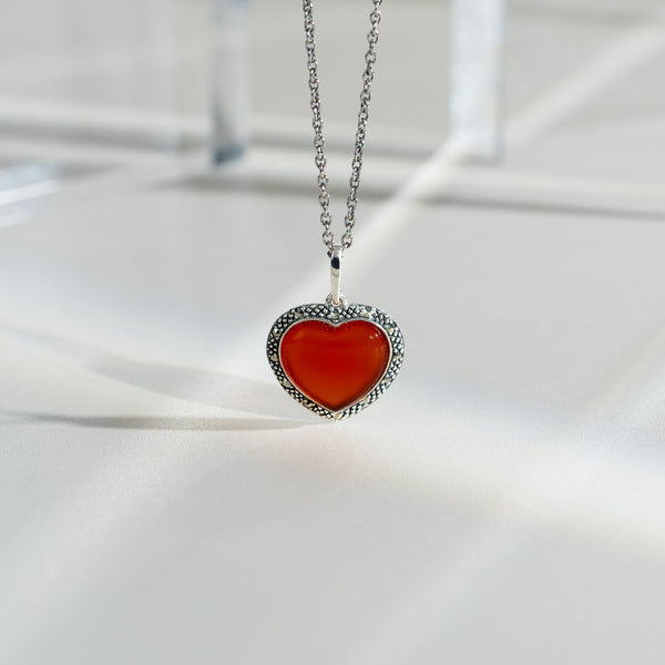 Gemondo Art Deco Style Heart Carnelian & Marcasite Halo Love Heart Pendant In 925 Sterling Silver