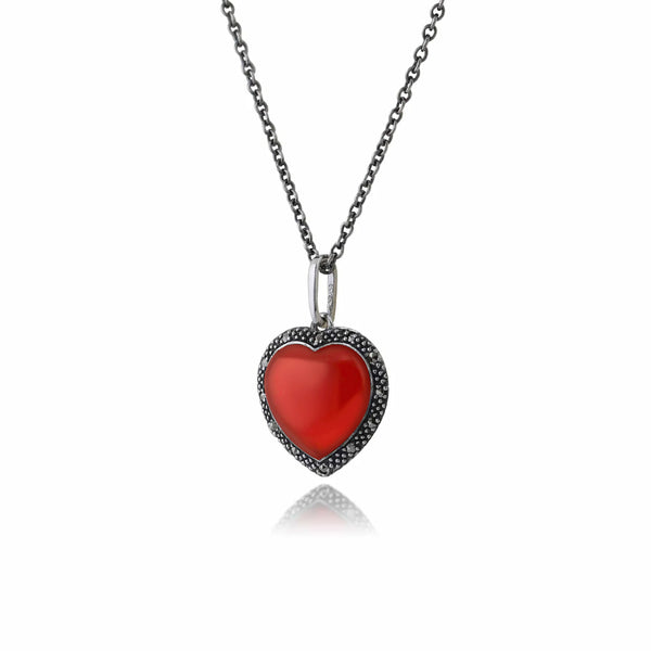 Gemondo Art Deco Style Heart Carnelian & Marcasite Halo Love Heart Pendant In 925 Sterling Silver