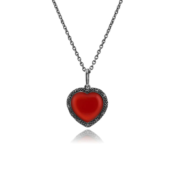 gemondo Art Deco Style Heart Carnelian & Marcasite Halo Love Heart Pendant in 925 Sterling Silver gemondo Art Deco Style Heart Carnelian & Marcasite Halo Love Heart Pendant in 925 Sterling Silver