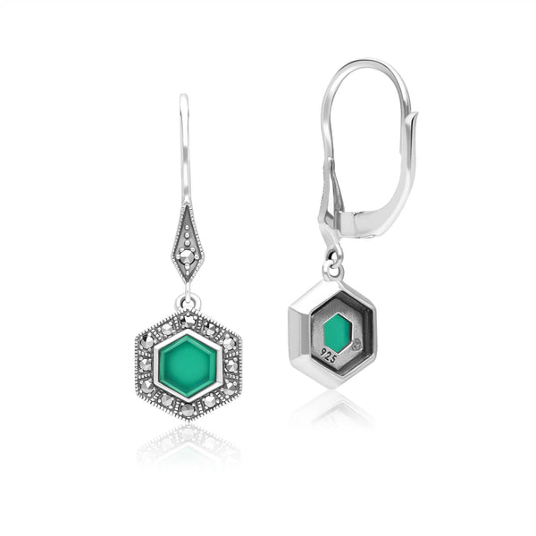 Gemondo Art Deco Style Hexagon Chalcedony And Marcasite Drop Earrings In Sterling Silver