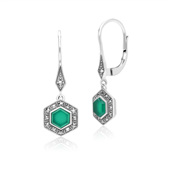 gemondo Art Deco Style Hexagon Chalcedony and Marcasite Drop Earrings in Sterling Silver