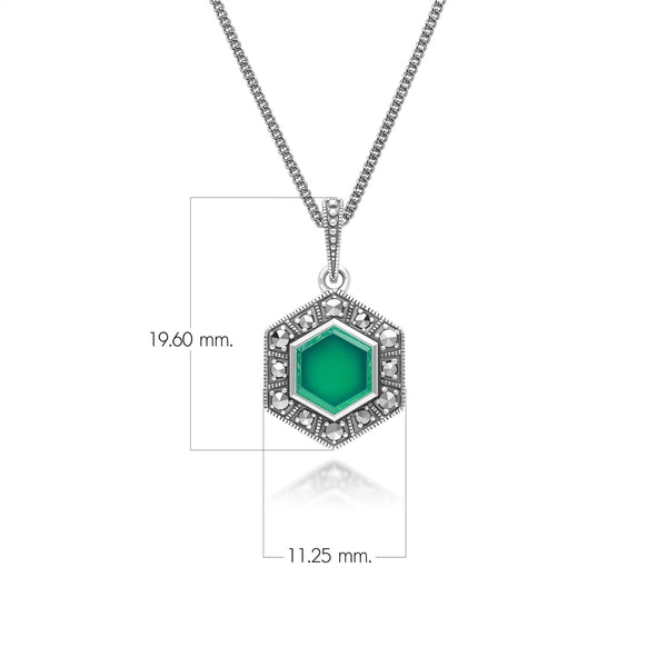 Gemondo Art Deco Style Hexagon Chalcedony And Marcasite Pendant Necklace In Sterling Silver
